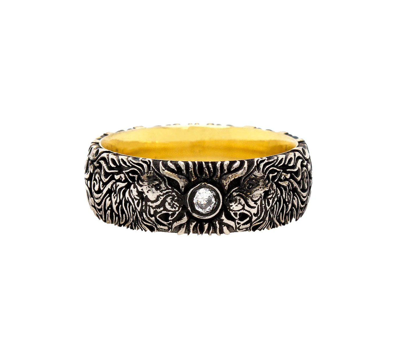 7mm Custom Made, Dome Shaped Silver Ring with Medieval Inspired Engravings, 2 Lion Heads and Center Round Shaped Diamond - Image 3