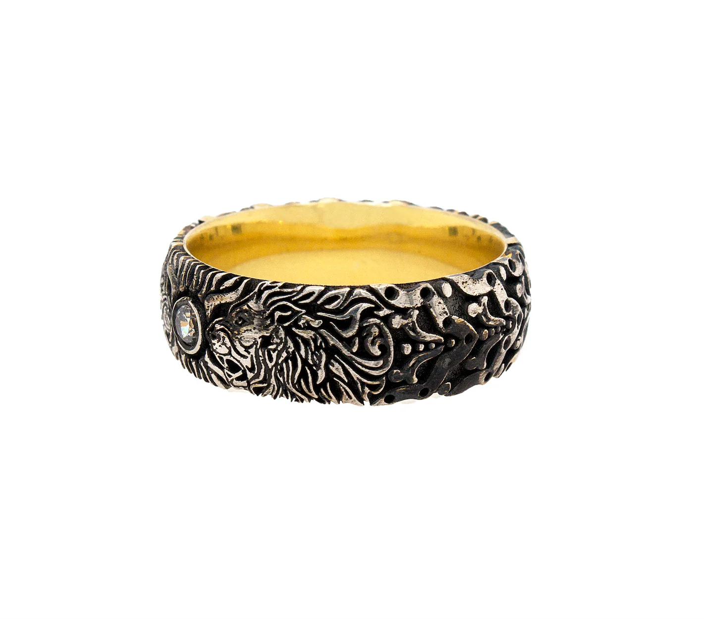 7mm Custom Made, Dome Shaped Silver Ring with Medieval Inspired Engravings, 2 Lion Heads and Center Round Shaped Diamond - Image 4