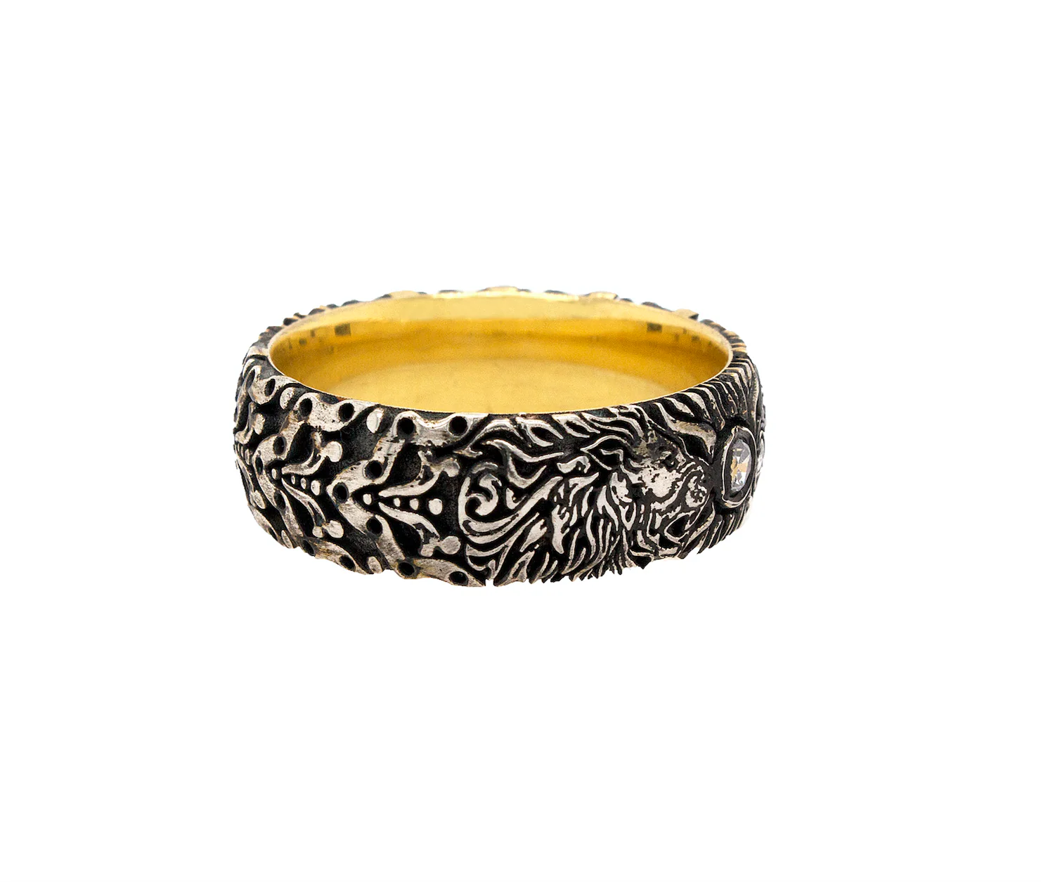 7mm Custom Made, Dome Shaped Silver Ring with Medieval Inspired Engravings, 2 Lion Heads and Center Round Shaped Diamond - Image 5