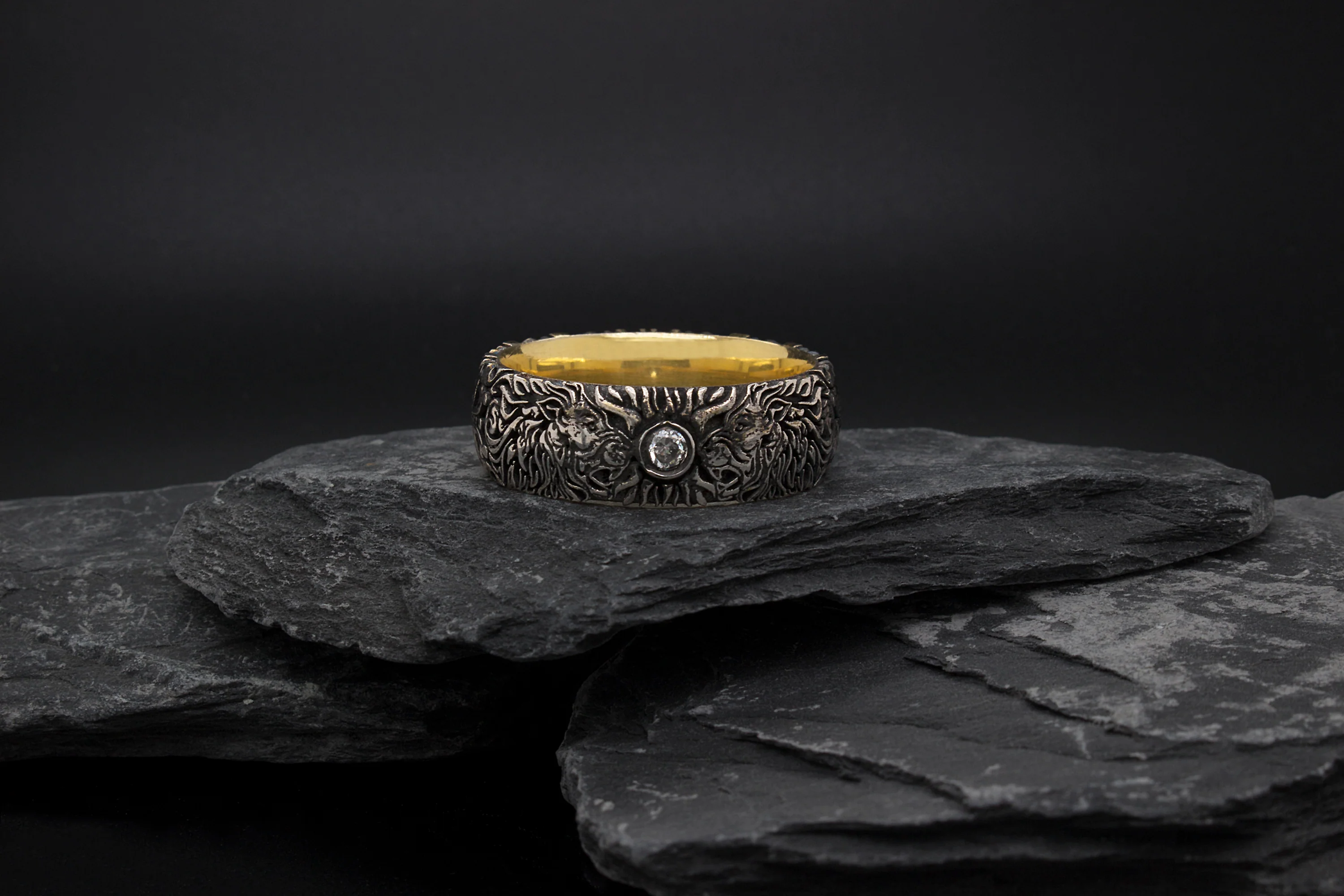 7mm Custom Made, Dome Shaped Silver Ring with Medieval Inspired Engravings, 2 Lion Heads and Center Round Shaped Diamond - Image 7