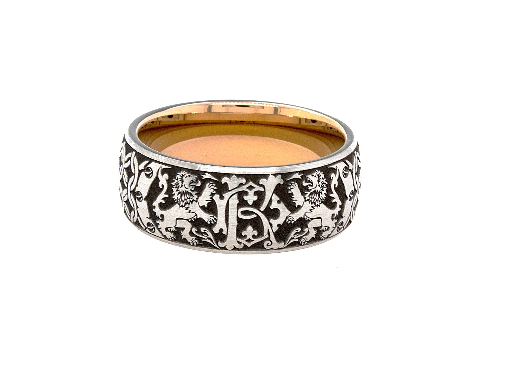 8mm Custom Made Tungsten Ring with Rose Gold Plated Interior, Personalized Engraved Initials and Victorian Style Designs - Image 3