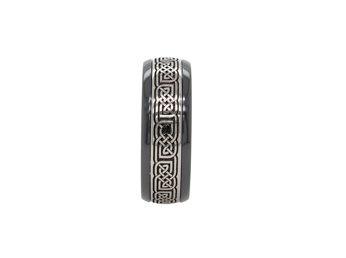 8mm Custom Made Black Zirconium Ring with Titanium Celtic Knot Engraving - Image 3
