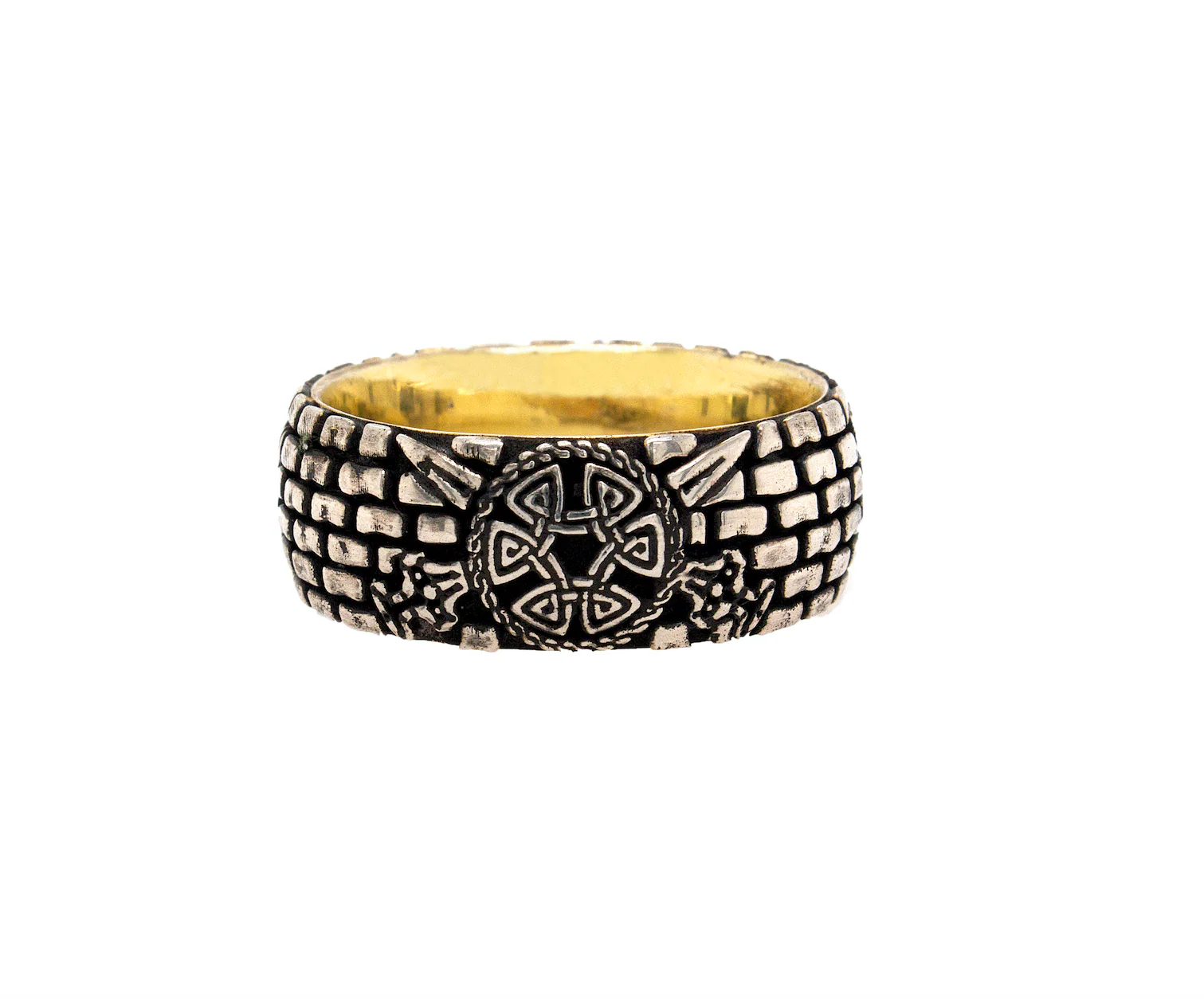 8mm, Custom Made, Dome Shaped Silver Ring with Brick Pattern, Viking Shield and Swords - Image 3