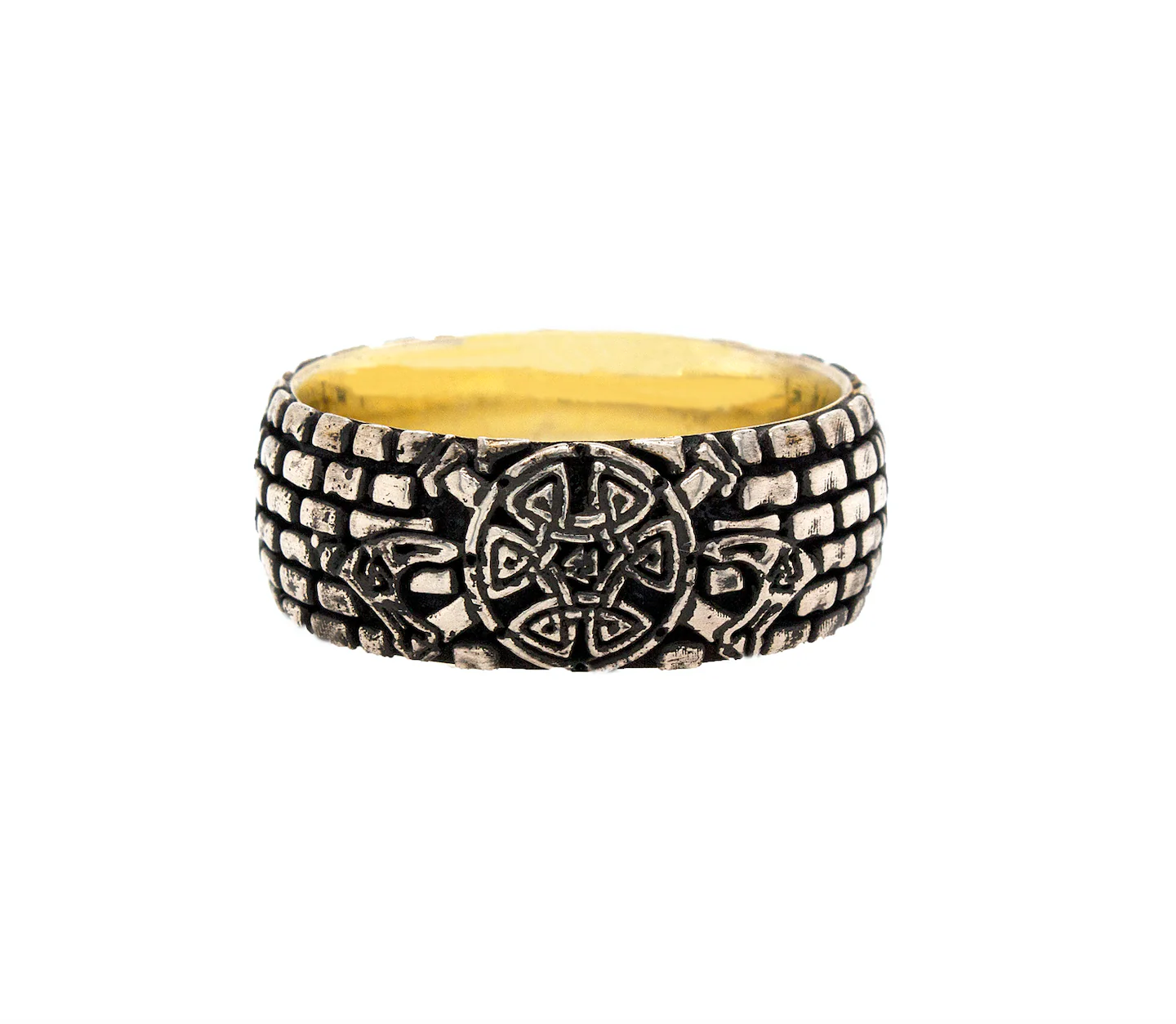 8mm, Custom Made, Dome Shaped Silver Ring with Brick Pattern, Viking Shield and Swords - Image 5