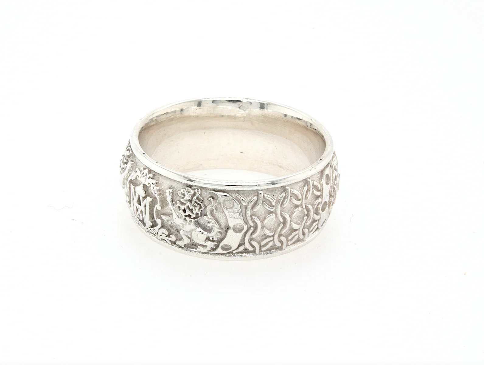 8mm Custom Made Dome Shaped Silver Ring with Medieval Style Engravings Personalized Monogram and 2 Lions on Either Side - Image 3