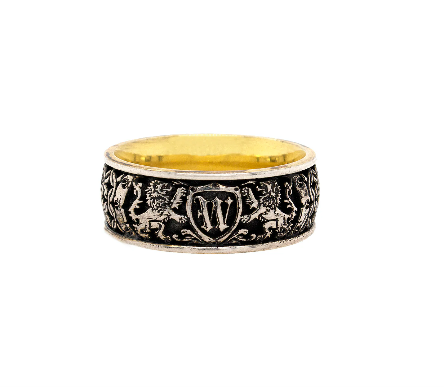 8mm Custom Made, Dome Shaped Silver Ring with Yellow Gold Plated Interior, Medieval Style Engravings, Shield, Personalized Initial and 2 Lions - Image 3