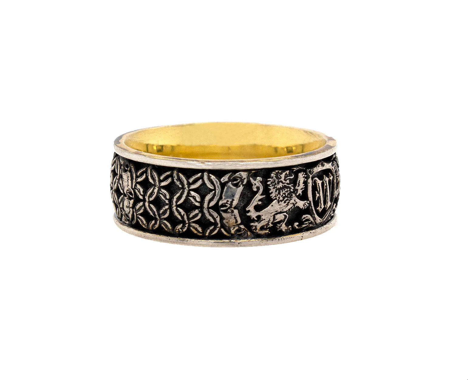 8mm Custom Made, Dome Shaped Silver Ring with Yellow Gold Plated Interior, Medieval Style Engravings, Shield, Personalized Initial and 2 Lions - Image 5