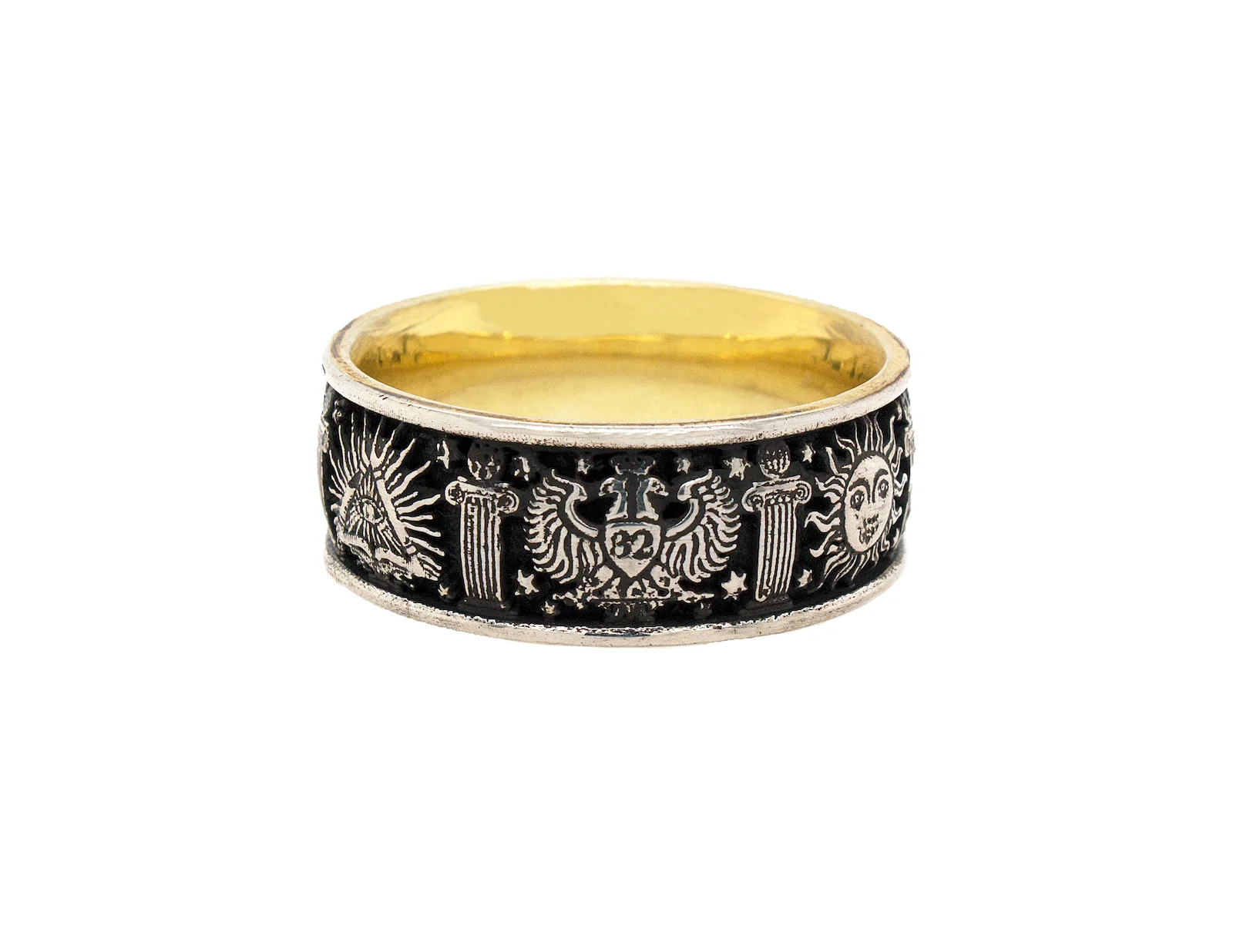 8mm Custom Made, Flat Shaped, Silver Ring with Yellow Gold Plated Interior and Masonic Symbols - Image 3