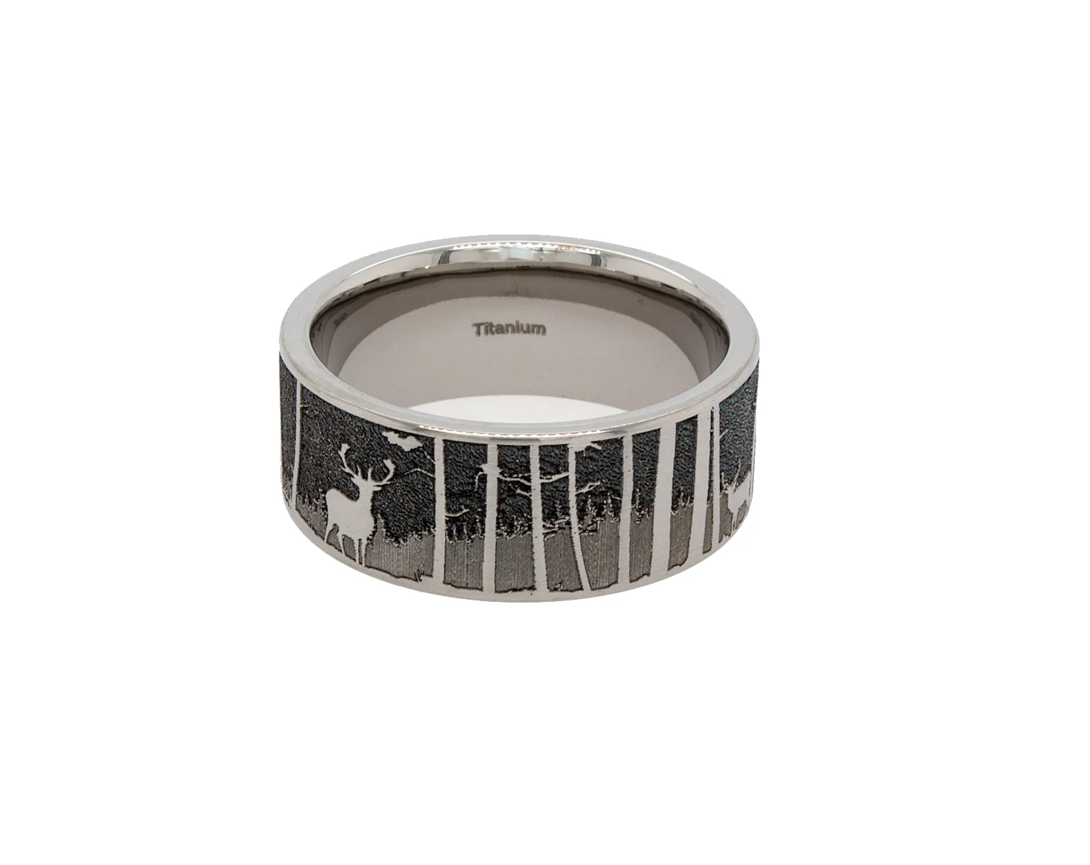 8mm Custom Made Flat Shaped Titanium Ring with Forest Scene Engravings - Image 5