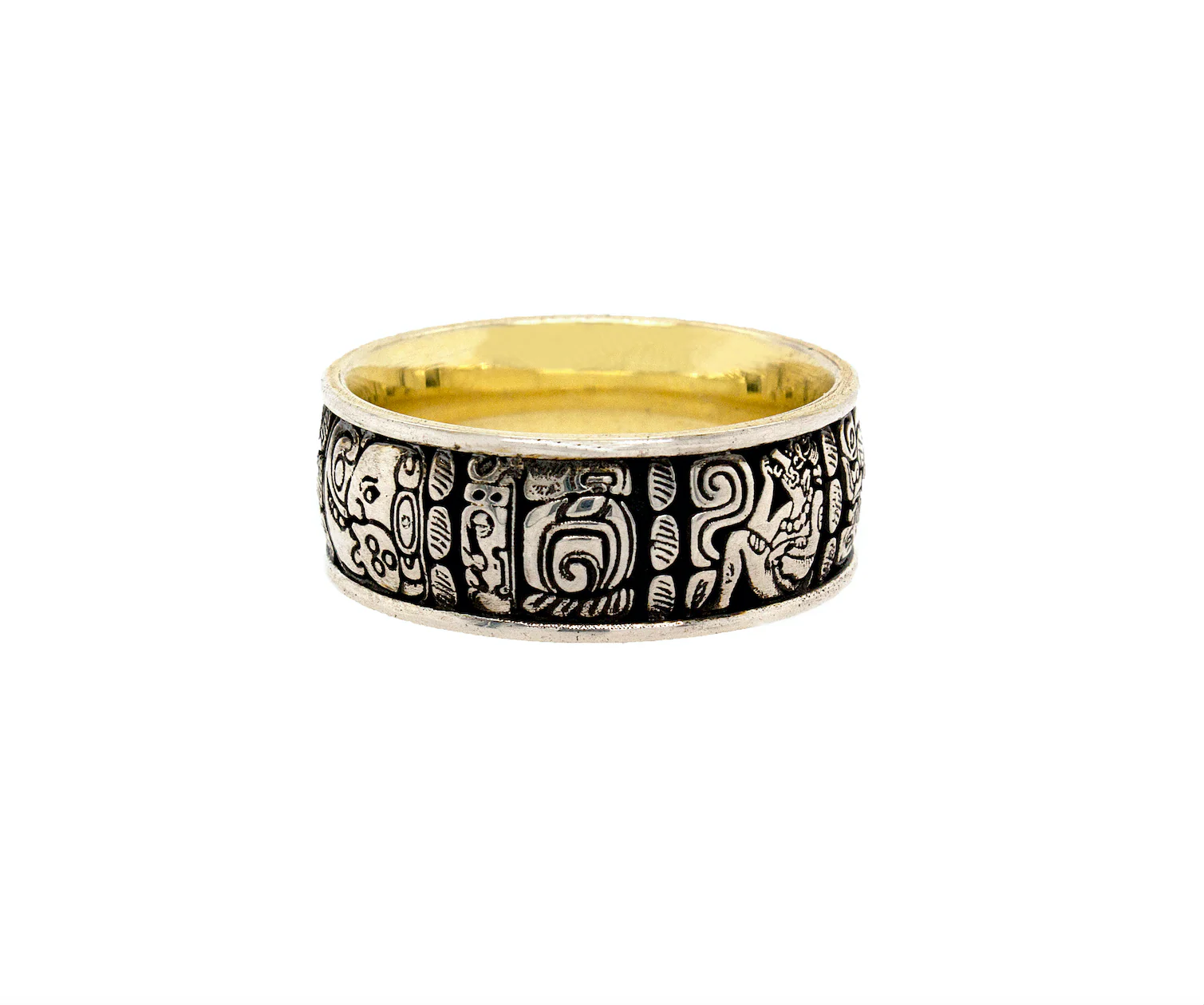 8mm, Custom Made Silver Ring with Yellow Gold Plated Interior and Mayan Inspired Symbols - Image 3