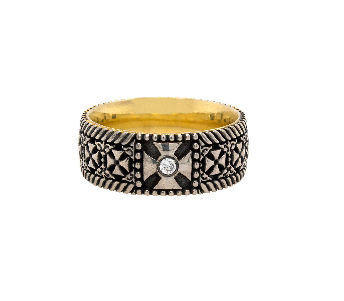 8mm Custom Made, Silver Ring with Yellow Gold Plated Interior, Celtic Crosses and Diamond - Image 3