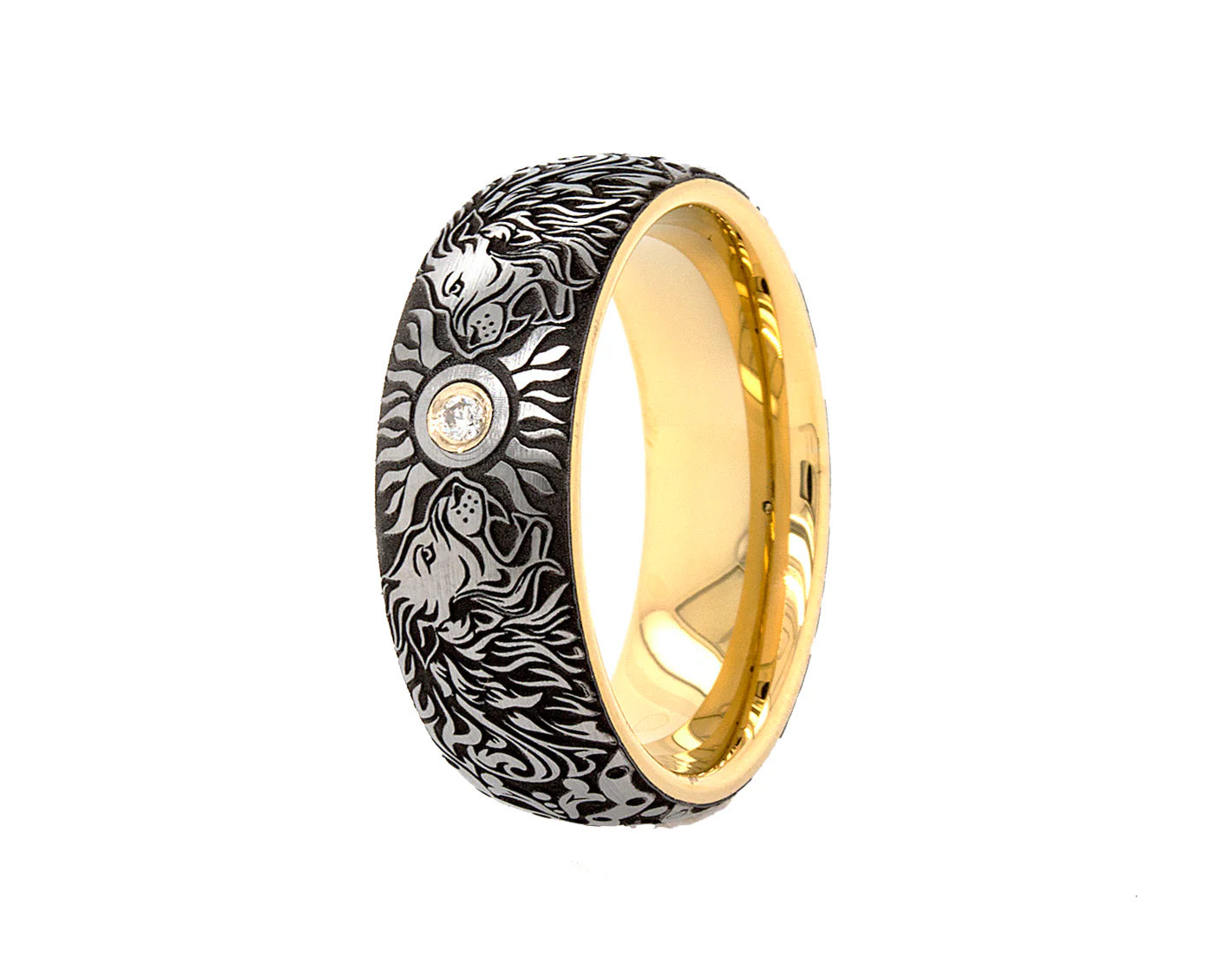 8mm Custom Made Tungsten Ring with Gold Plated Interior, Engraved Lions Heads and Center Diamond - Image 3