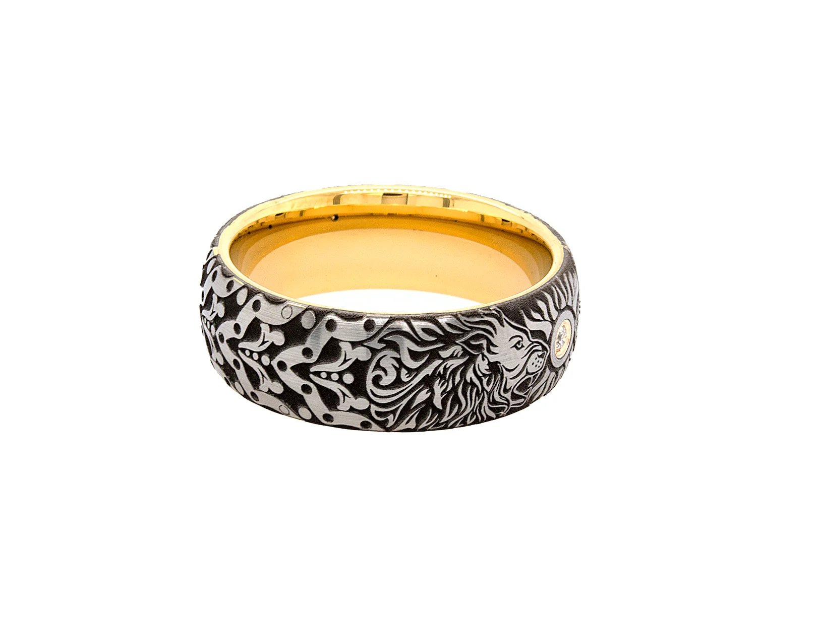 8mm Custom Made Tungsten Ring with Gold Plated Interior, Engraved Lions Heads and Center Diamond - Image 5