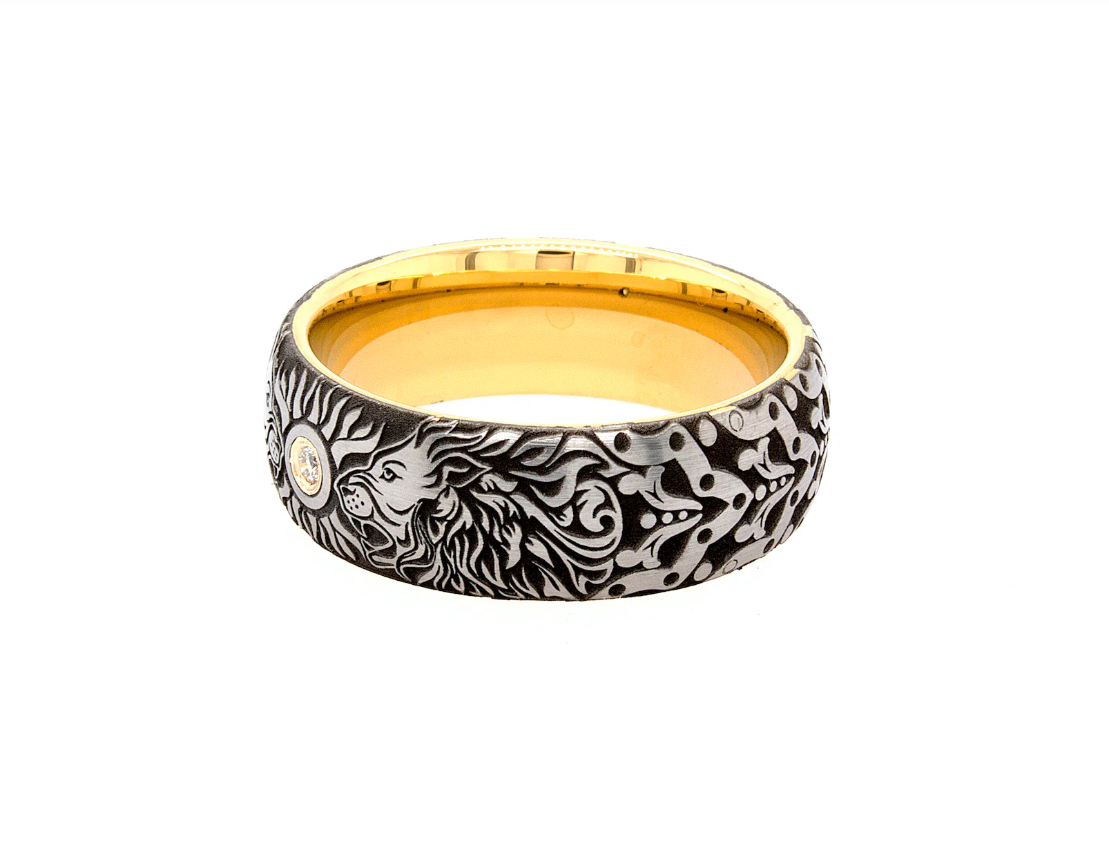 8mm Custom Made Tungsten Ring with Gold Plated Interior, Engraved Lions Heads and Center Diamond - Image 6