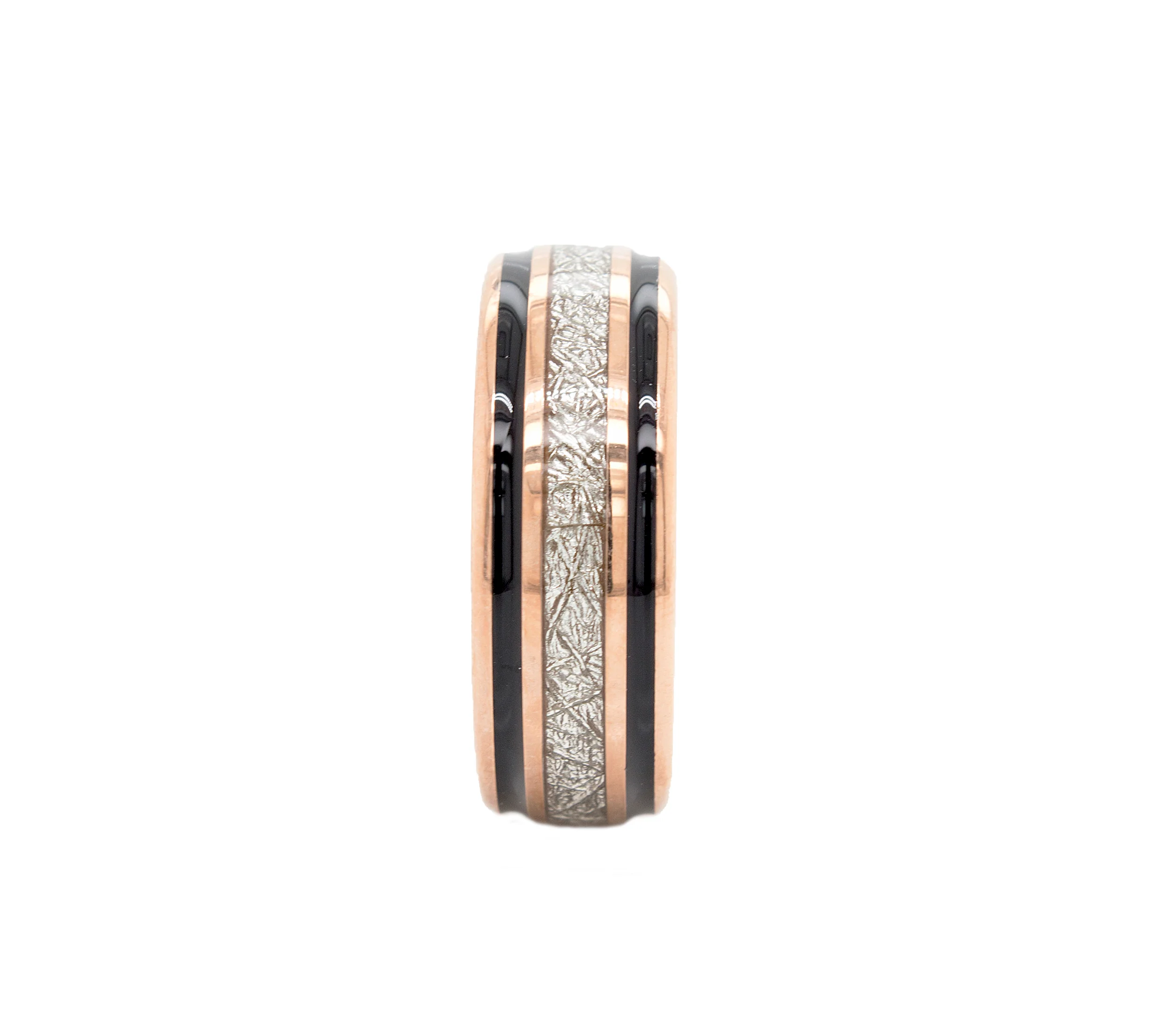 8mm Dome Shaped Rose Gold Plated Tungsten Ring with Double Black Enamel Lines - Image 3