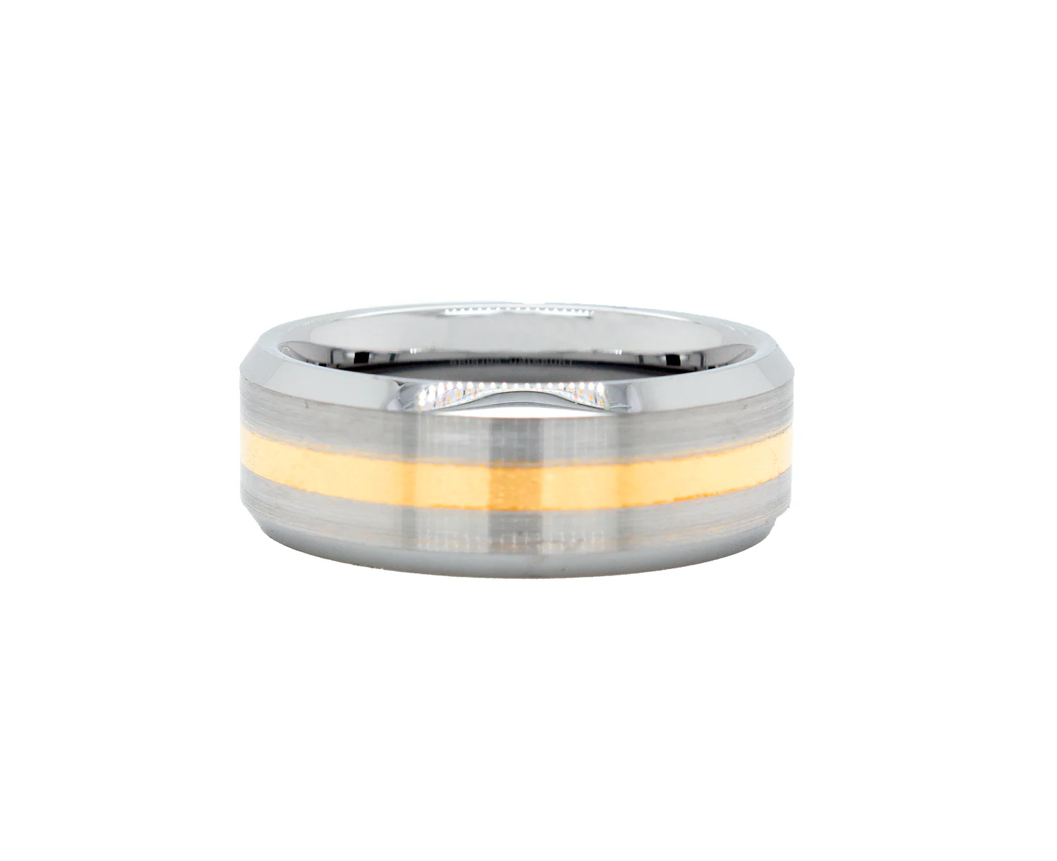 8mm, Flat Tungsten Ring with Brushed Exterior and Gold Plated Center Line - Image 3