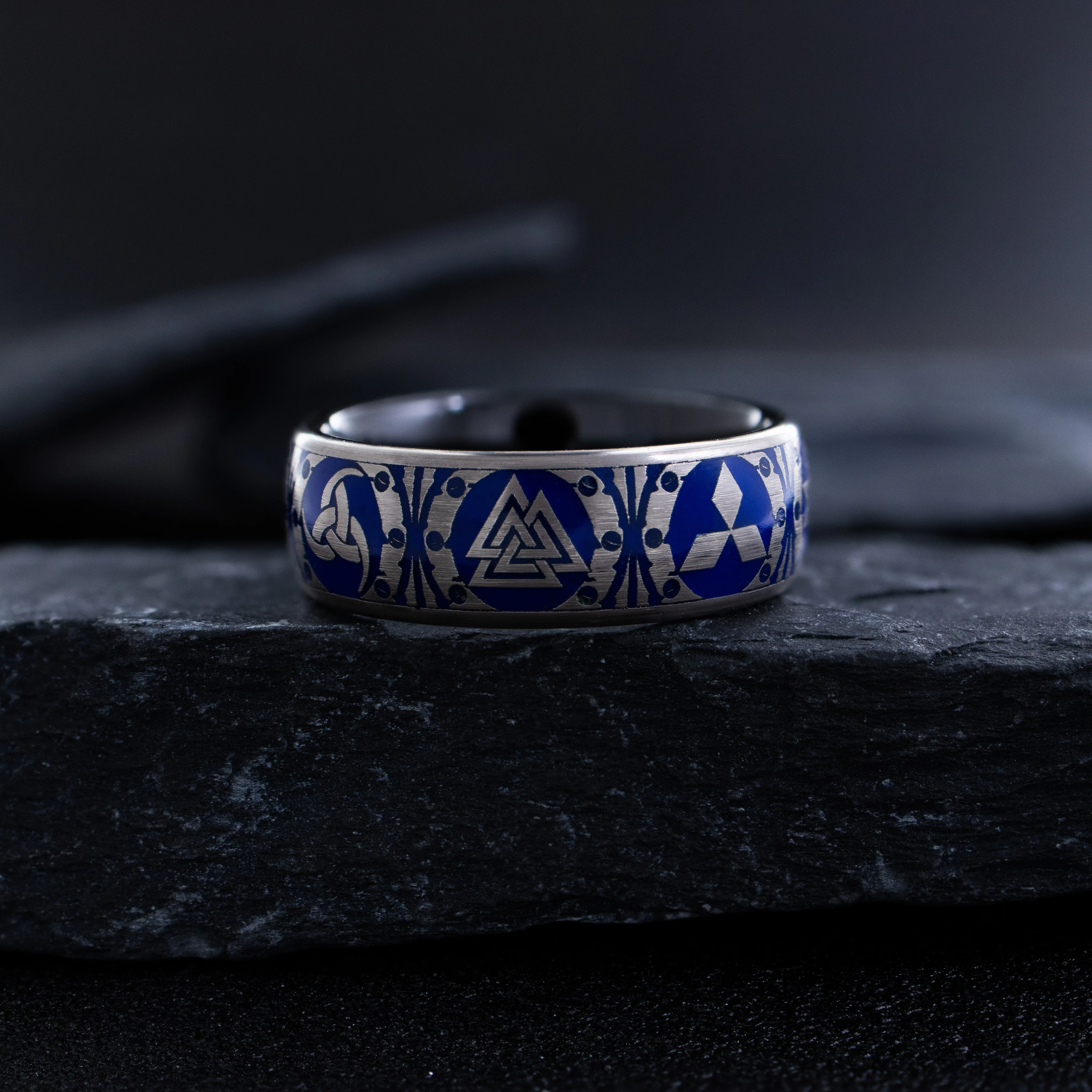 8mm Tantalum Ring with Norse Viking Runes and Blue Enamel - Image 3