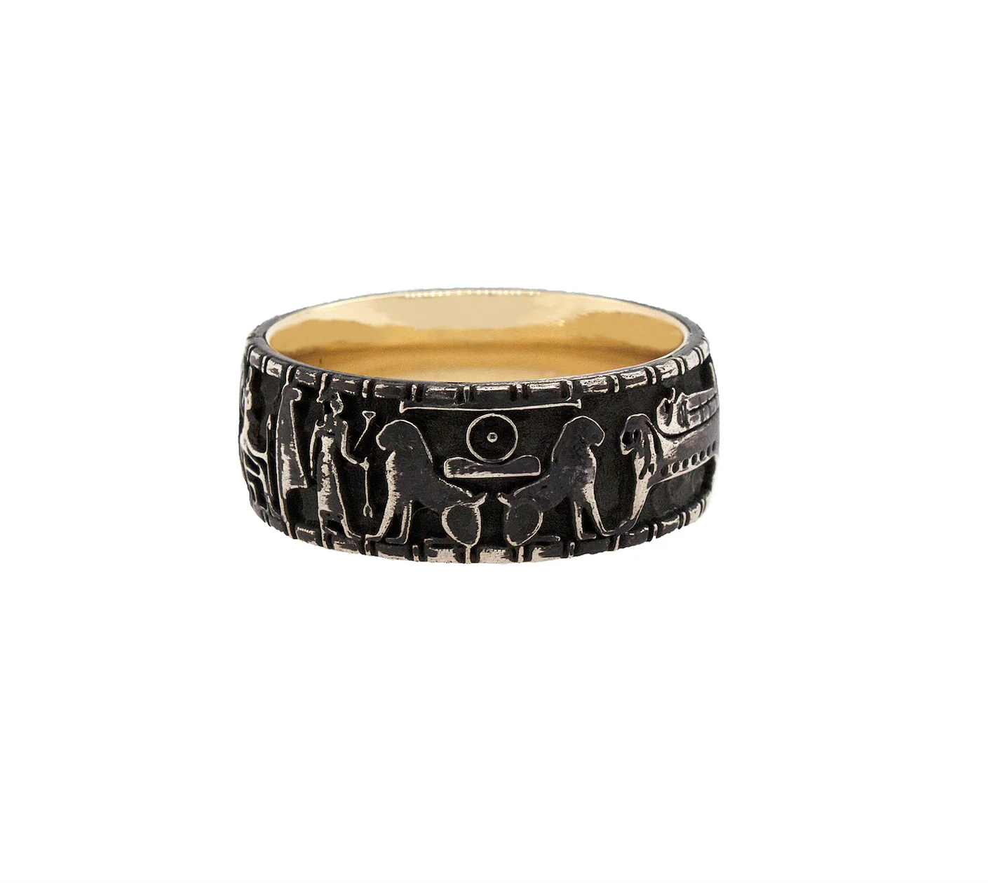 9mm Custom Made, Dome Shaped Silver Ring with Yellow Gold Plated Interior and Egyptian Symbol Engravings - Image 4