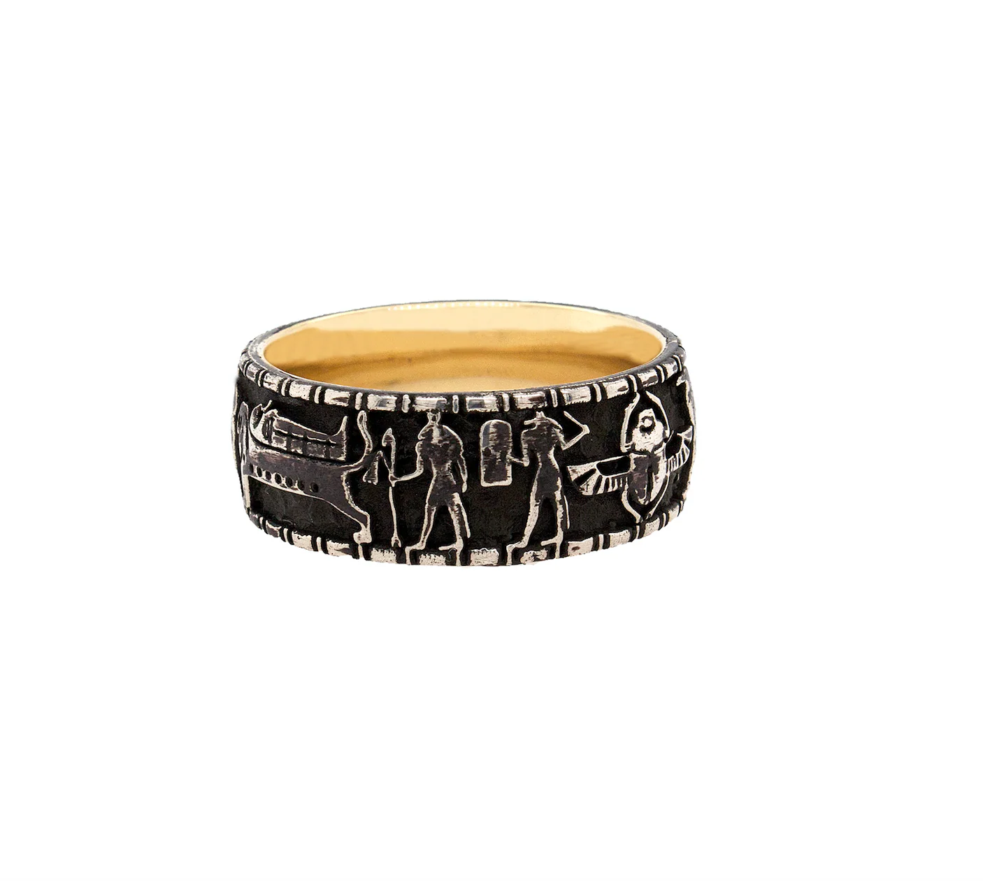9mm Custom Made, Dome Shaped Silver Ring with Yellow Gold Plated Interior and Egyptian Symbol Engravings - Image 6