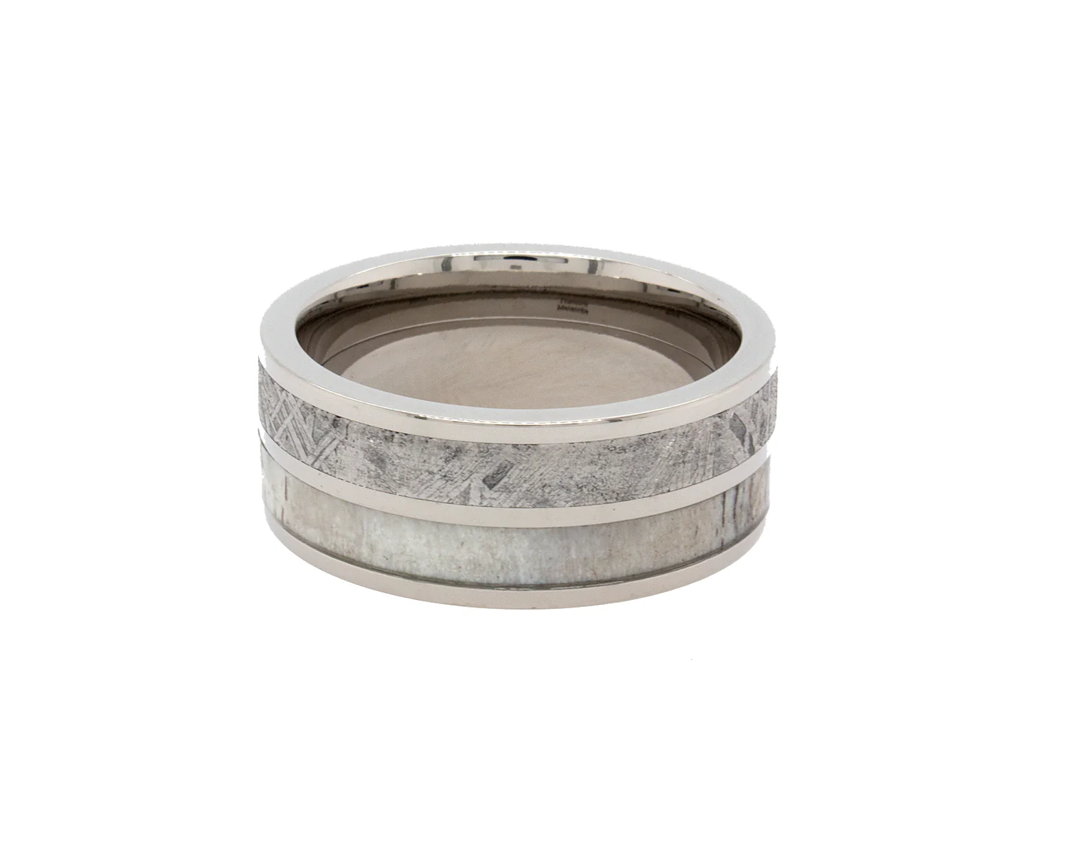 9mm Custom Made Flat Shaped Titanium Ring with Real Meteorite and Antler Inlay Separated by a Center Line - Image 3